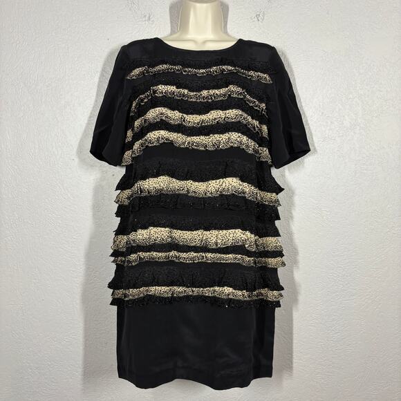 Tory Burch Beaded Silk Dress Tiered Sheath Black Tan Short Sleeve Heavy - 6 - Picture 10 of 11